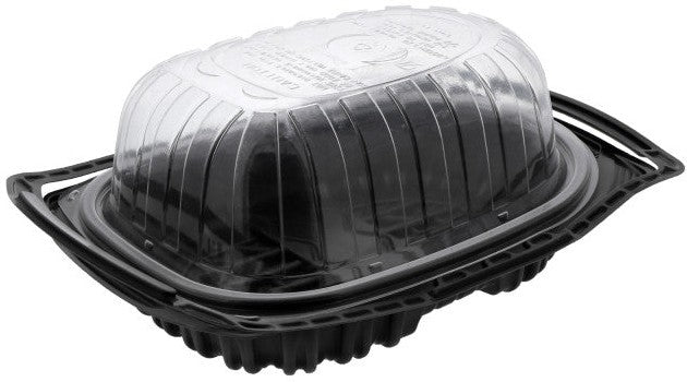 Pactiv Evergreen - 10" x 7.5" x 4" Medium Roaster Hot/Cold Display, Takeout Container, Smart Vents, Black Base with Clear Dome, Pack of 110 - YCNC600700DZ