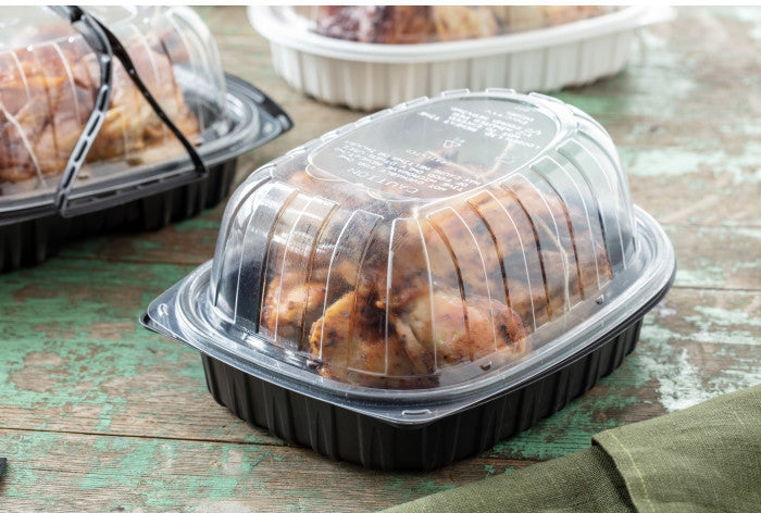 Pactiv Evergreen - 10" x 7.5" x 4" Medium Roaster Hot/Cold Display, Takeout Container, Smart Vents, Black Base with Clear Dome, Pack of 110 - YCNC600700DZ