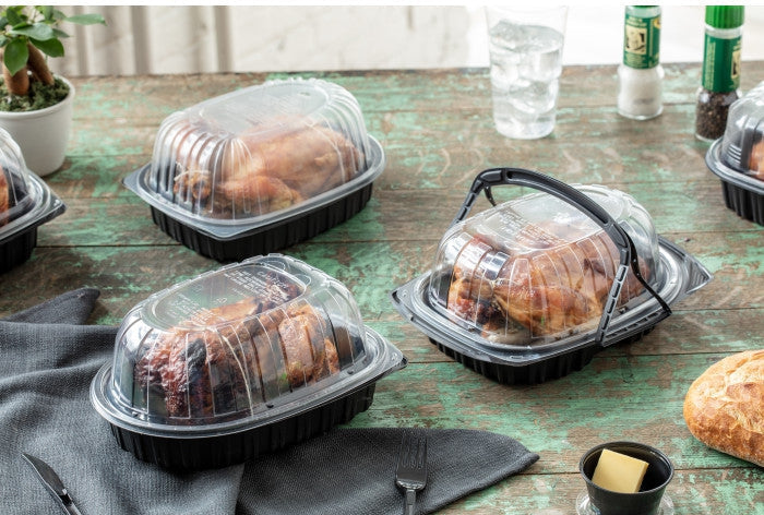 Pactiv Evergreen - 10" x 7.5" x 4" Medium Roaster Hot/Cold Display, Takeout Container, Smart Vents, Black Base with Clear Dome, Pack of 110 - YCNC600700DZ