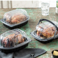 Pactiv Evergreen - 10" x 7.5" x 4" Medium Roaster Hot/Cold Display, Takeout Container, Smart Vents, Black Base with Clear Dome, Pack of 110 - YCNC600700DZ