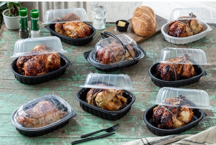 Pactiv Evergreen - 10" x 7.5" x 4" Medium Roaster Hot/Cold Display, Takeout Container, Smart Vents, Black Base with Clear Dome, Pack of 110 - YCNC600700DZ
