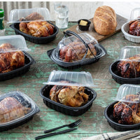 Pactiv Evergreen - 10" x 7.5" x 4" Medium Roaster Hot/Cold Display, Takeout Container, Smart Vents, Black Base with Clear Dome, Pack of 110 - YCNC600700DZ