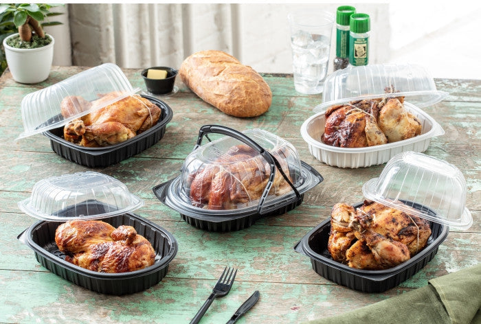 Pactiv Evergreen - 10" x 7.5" x 4" Medium Roaster Hot/Cold Display, Takeout Container, Smart Vents, Black Base with Clear Dome, Pack of 110 - YCNC600700DZ
