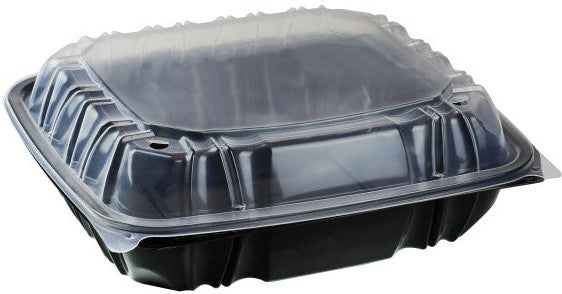 Pactiv Evergreen - 10.5" X 9.5" x 3.1" Black/Clear Vented Dual-Color PP Hinged Lid Container, 132 Count - DC109100B000