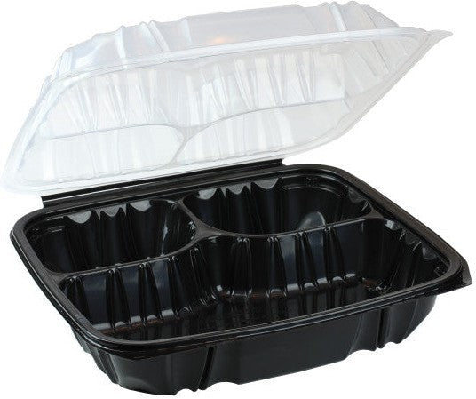 Pactiv Evergreen - 10.5 x 9.5 x 3.1" Black/Clear Vented Dual Color 3-Compartment PP Hinged Lid Container with 3-Compartment Lid, 132 Count - DC109330B00