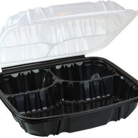 Pactiv Evergreen - 10.5 x 9.5 x 3.1" Black/Clear Vented Dual Color 3-Compartment PP Hinged Lid Container with 3-Compartment Lid, 132 Count - DC109330B00
