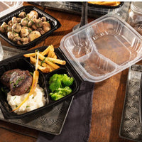 Pactiv Evergreen - 10.5 x 9.5 x 3.1" Black/Clear Vented Dual Color 3-Compartment PP Hinged Lid Container with 3-Compartment Lid, 132 Count - DC109330B00