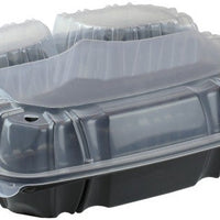 Pactiv Evergreen - 10.5 x 9.5 x 3.1" Black/Clear Vented Dual Color 3-Compartment PP Hinged Lid Container with 3-Compartment Lid, 132 Count - DC109330B00