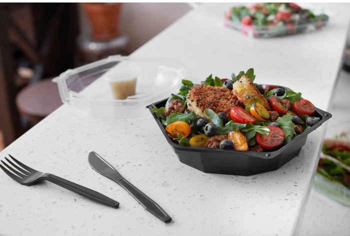 Pactiv Evergreen - 16 Oz RPET Hinged Lid Octagon Take Out Container with Black Base and Clear Lid, Pack of 150- 12096