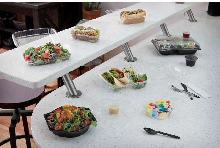 Pactiv Evergreen - 16 Oz RPET Hinged Lid Octagon Take Out Container with Black Base and Clear Lid, Pack of 150- 12096