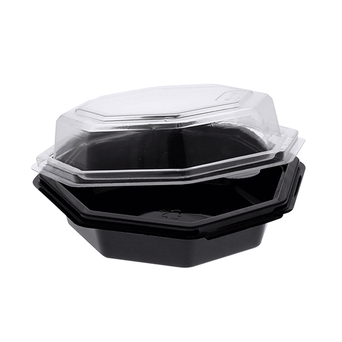 Pactiv Evergreen - 16 Oz RPET Hinged Lid Octagon Take Out Container with Black Base and Clear Lid, Pack of 150- 12096