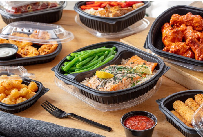 Pactiv Evergreen - 31 Oz, 9.375 X 8 X 1.5" Large Black Microwavable 2-Compartment Rectangle Takeout Container Base, Pack of 250 - 0CN846370000