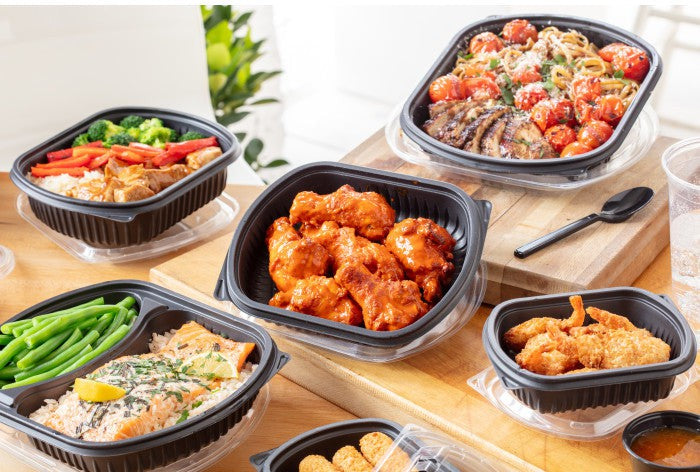 Pactiv Evergreen - 31 Oz, 9.375 X 8 X 1.5" Large Black Microwavable 2-Compartment Rectangle Takeout Container Base, Pack of 250 - 0CN846370000