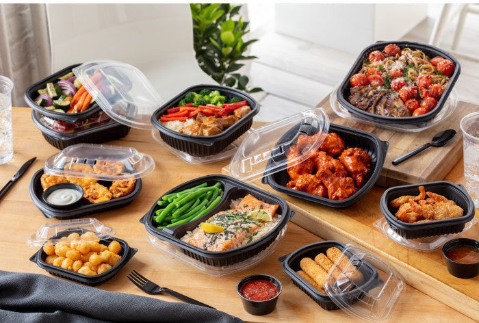 Pactiv Evergreen - 31 Oz, 9.375 X 8 X 1.5" Large Black Microwavable 2-Compartment Rectangle Takeout Container Base, Pack of 250 - 0CN846370000