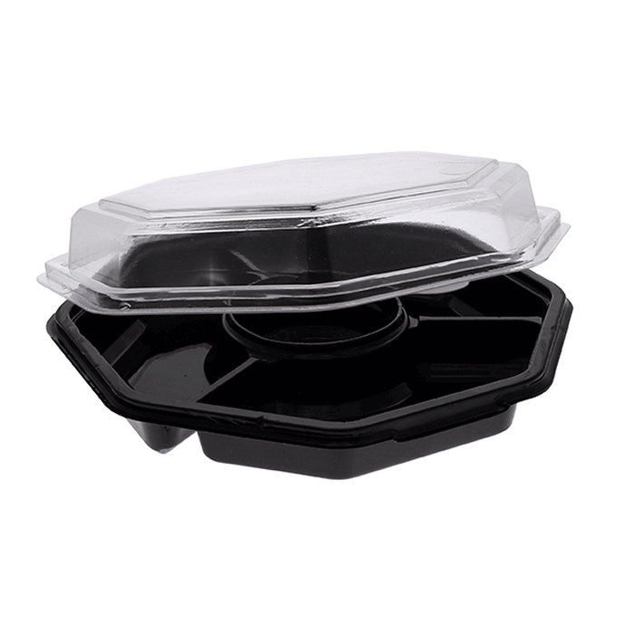 Pactiv Evergreen - 32 Oz 4-Compartment RPET Hinged Lid Octagon Take Out Container with Black Base and Clear Lid, 150/Cs - 13173