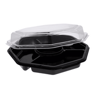 Pactiv Evergreen - 32 Oz 4-Compartment RPET Hinged Lid Octagon Take Out Container with Black Base and Clear Lid, 150/Cs - 13173
