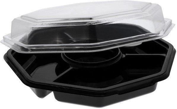 Pactiv Evergreen - 32 Oz 4-Compartment RPET Hinged Lid Octagon Take Out Container with Black Base and Clear Lid, 150/Cs - 13173