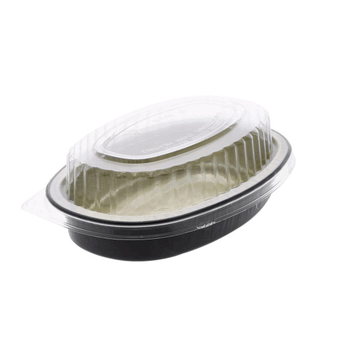 Pactiv Evergreen - 6.88" X 4.56" X 3" Aluminum Carry-Out Container, Black And Gold Base With Clear Dome, Pack of 100 - Y6707WPSFG