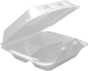 Pactiv Evergreen - 8" x 8.5" x 3", White Foam Medium Hinged-Lid Takeout Container 3-Compartment Smartlock, 150 Per Case - YHLW08030000