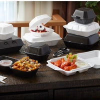 Pactiv Evergreen - 8" x 8.5" x 3", White Foam Medium Hinged-Lid Takeout Container 3-Compartment Smartlock, Pack of 150 - YHLW08030000