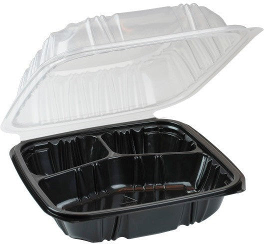 Pactiv Evergreen - 8.5 x 8.6 x 3.1" Black/Clear, Vented Dual-Color 3-Compartment PP Hinged Lid Container, Pack of 150- DC858310B000