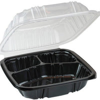 Pactiv Evergreen - 8.5 x 8.6 x 3.1" Black/Clear, Vented Dual-Color 3-Compartment PP Hinged Lid Container, Pack of 150- DC858310B000