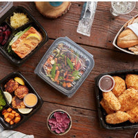 Pactiv Evergreen - 8.5 x 8.6 x 3.1" Black/Clear, Vented Dual-Color 3-Compartment PP Hinged Lid Container, Pack of 150- DC858310B000