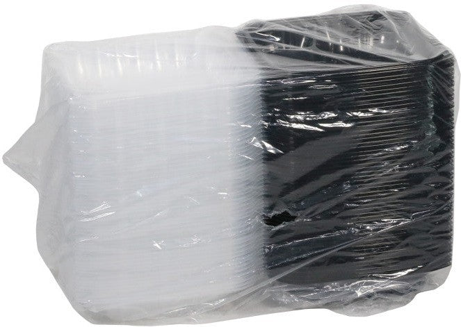 Pactiv Evergreen - 8.5 x 8.6 x 3.1" Black/Clear, Vented Dual-Color 3-Compartment PP Hinged Lid Container, Pack of 150- DC858310B000
