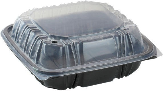Pactiv Evergreen - 8.5 x 8.6 x 3.1" Black/Clear, Vented Dual-Color 3-Compartment PP Hinged Lid Container, Pack of 150- DC858310B000