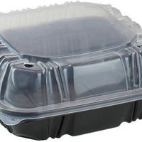 Pactiv Evergreen - 8.5 x 8.6 x 3.1" Black/Clear, Vented Dual-Color 3-Compartment PP Hinged Lid Container, Pack of 150- DC858310B000