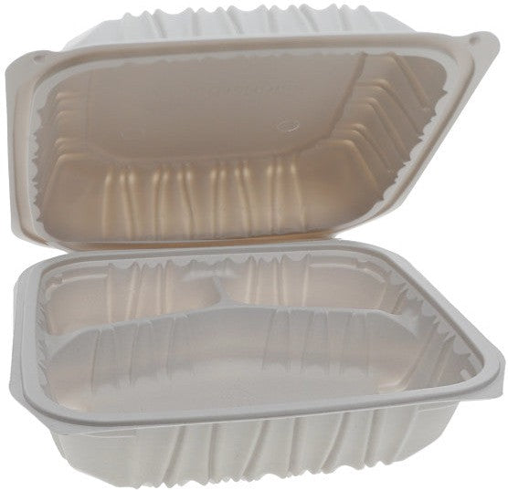 Pactiv Evergreen - 8.5 x 8.6 x 3.1" White, Vented 3-Compartment MFPP Hinged Lid Container, 146/cs - YCNW0853