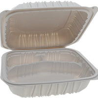 Pactiv Evergreen - 8.5 x 8.6 x 3.1" White, Vented 3-Compartment MFPP Hinged Lid Container, 146/cs - YCNW0853