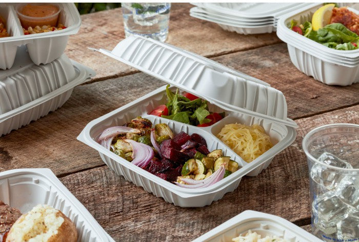 Pactiv Evergreen - 8.5 x 8.6 x 3.1" White, Vented 3-Compartment MFPP Hinged Lid Container, 146/cs - YCNW0853