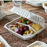 Pactiv Evergreen - 8.5 x 8.6 x 3.1" White, Vented 3-Compartment MFPP Hinged Lid Container, 146/cs - YCNW0853