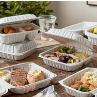 Pactiv Evergreen - 8.5 x 8.6 x 3.1" White, Vented 3-Compartment MFPP Hinged Lid Container, 146/cs - YCNW0853