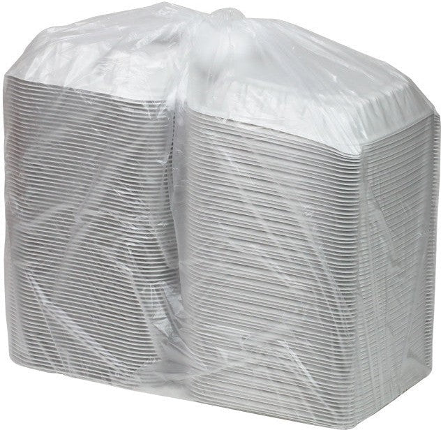 Pactiv Evergreen - 8.5 x 8.6 x 3.1" White, Vented 3-Compartment MFPP Hinged Lid Container, 146/cs - YCNW0853