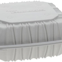 Pactiv Evergreen - 8.5 x 8.6 x 3.1" White, Vented 3-Compartment MFPP Hinged Lid Container, 146/cs - YCNW0853