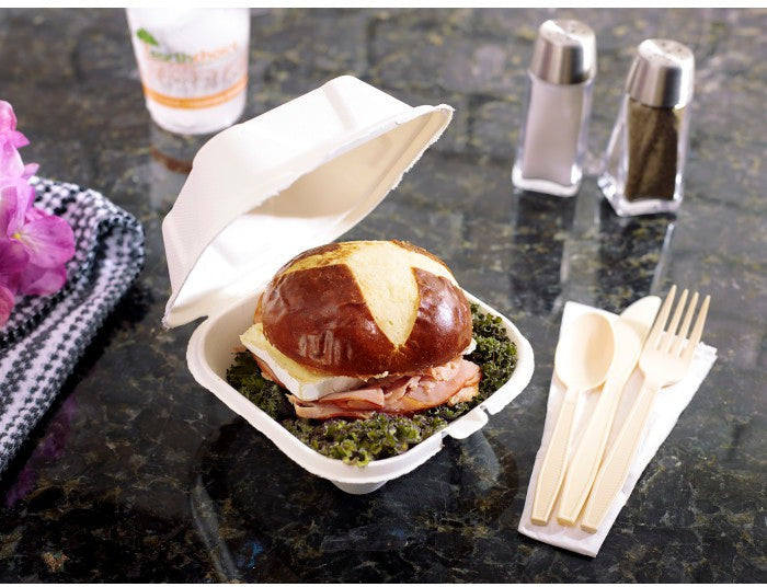 Pactiv Evergreen - 9" x 9" x 3" Earth Choice Bagasse Hinged Lid Takeout Container Natural , Pack of 150 - YMCH09010001