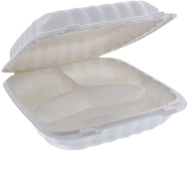 Pactiv Evergreen - 9 x 9 x 3" White 3-Compartment MFPP Hinged Lid Container, 120/cs - YCN809030000