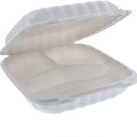 Pactiv Evergreen - 9 x 9 x 3" White 3-Compartment MFPP Hinged Lid Container, 120/cs - YCN809030000