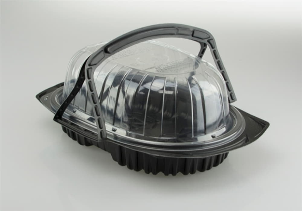 Pactiv Evergreen - Black Base with Clear Dome Medium Chicken Roaster Takeout Container with Handles , Pack of 120 - YCNC690700DZ