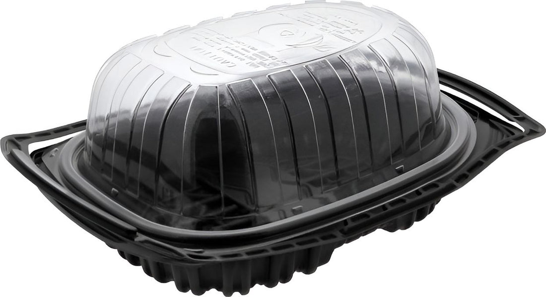Pactiv Evergreen - Black Base with Clear Dome Medium Chicken Roaster Takeout Container with Handles , Pack of 120 - YCNC690700DZ
