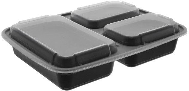 Pactiv Evergreen - VERSAtainer 32 Oz Black/Clear 3-Compartment Rectangular PP Container and Lid, Pack of 150 - NC333B