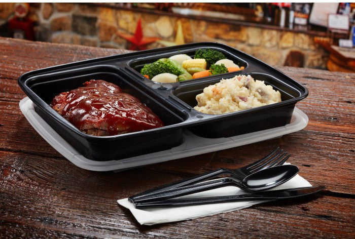 Pactiv Evergreen - VERSAtainer 32 Oz Black/Clear 3-Compartment Rectangular PP Container and Lid, Pack of 150 - NC333B