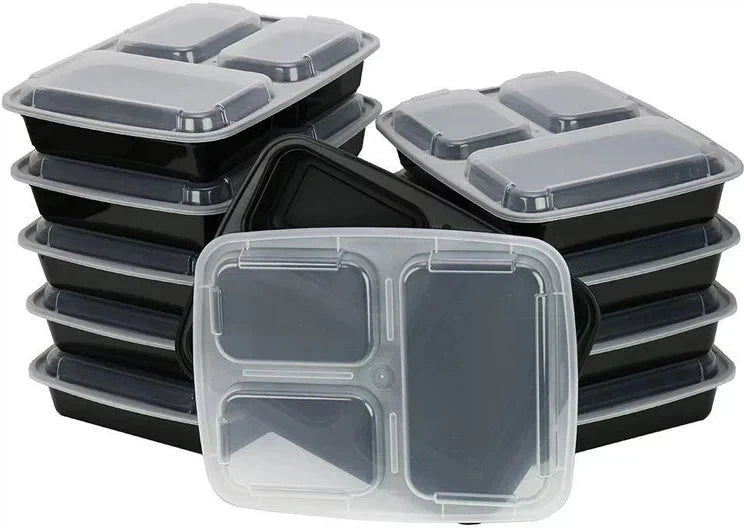 Pactiv Evergreen - VERSAtainer 32 Oz Black/Clear 3-Compartment Rectangular PP Container and Lid, Pack of 150 - NC333B