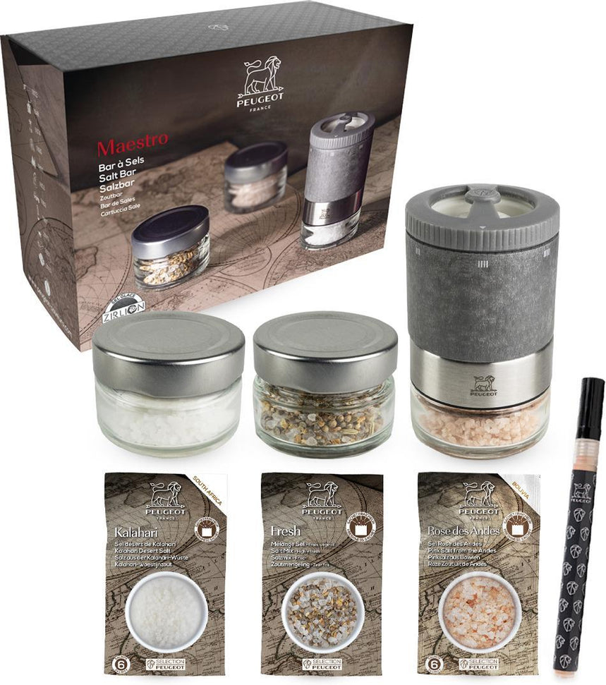 Peugeot - Maestro Salt Bar u'Select Salt Mill with 3 Jars, 3 Salt Varieties, 1 Erasable Marker and 1 Booklet - 46996