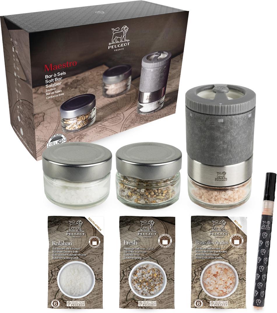 Peugeot - Maestro Salt Bar u'Select Salt Mill with 3 Jars, 3 Salt Varieties, 1 Erasable Marker and 1 Booklet - 46996