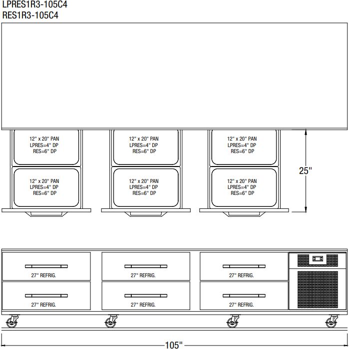 Randell - 105" Stainless Steel Six Drawers Refrigerated Chef Base With Equipment Stand - RES1x3-105C4 (Special Order 4-6 Weeks)