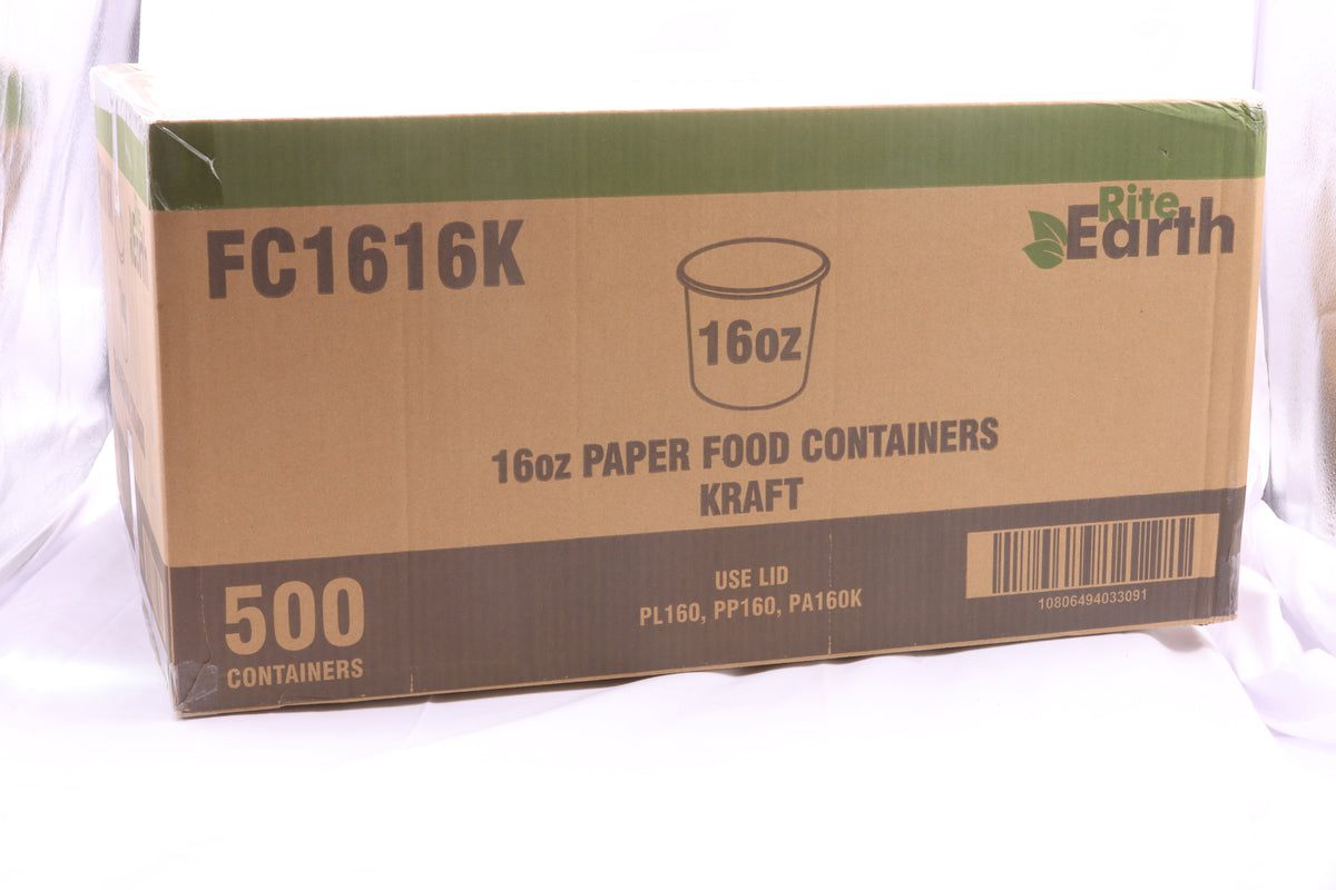 RiteEarth - 16 Oz Paper Food Container Kraft, 1600 Series 500/cs - FC1616K