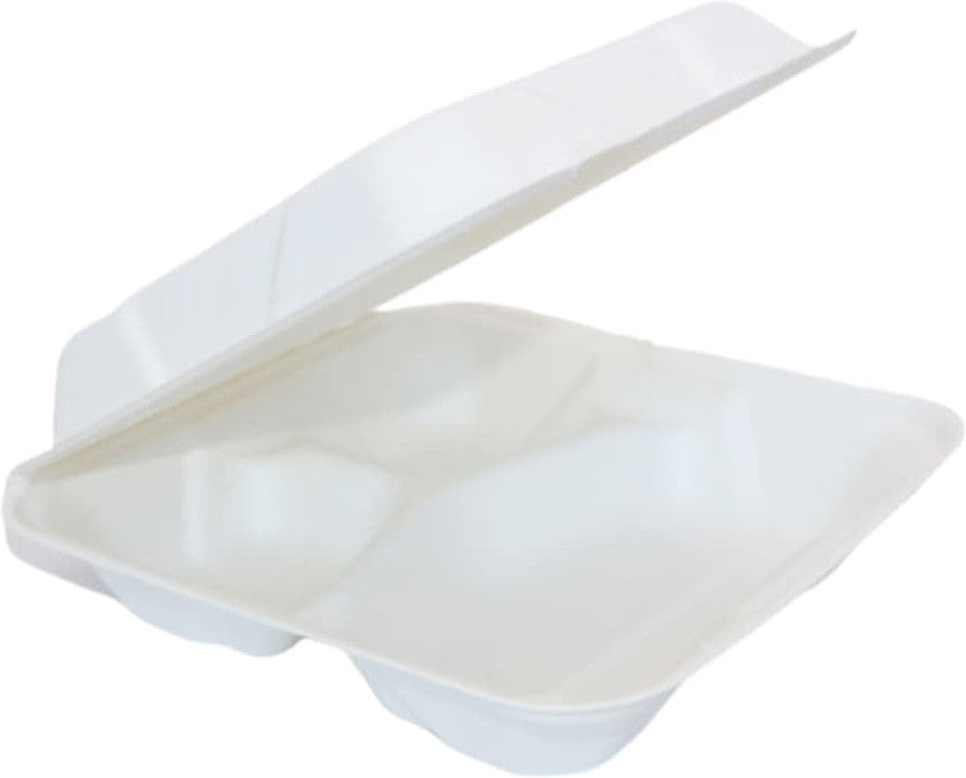 RiteEarth - 8" x 8" x 2.5" 3 Compartment Bagasse Hinged Container, 200/cs - H803